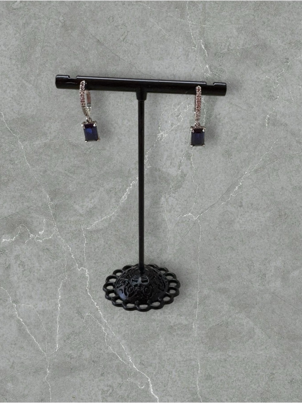 Platinum over 925 Silver Blue & White Sapphire Dangle Hoop Earrings